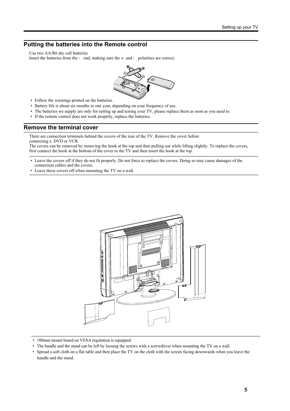 Putting the batteries into the remote control, Remove the terminal cover | JVC 5030057088 User Manual | Page 6 / 33