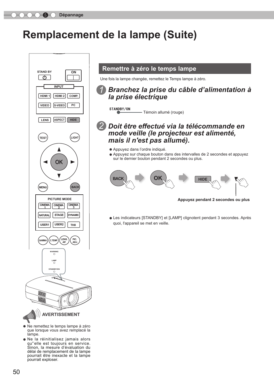 Remettre à zéro le temps lampe, Remettre, À zéro le temps lampe | Remplacement de la lampe (suite) | JVC 0809TTH-AO-AO User Manual | Page 112 / 185