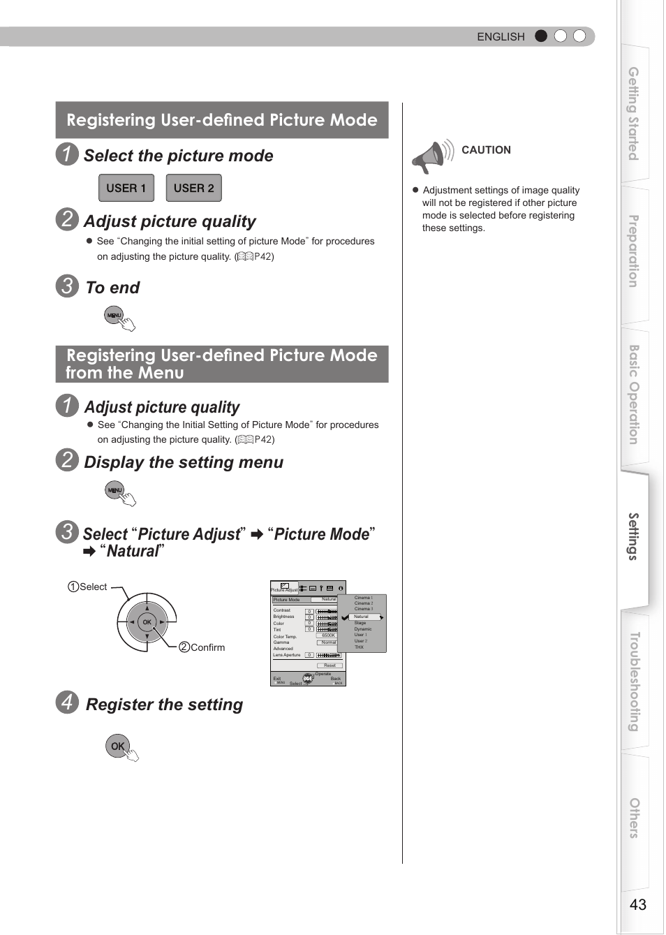 Registering user-defined picture mode, Select the picture mode, Adjust picture quality | Display the setting menu, Register the setting | JVC 0809TTH-AO-AO User Manual | Page 43 / 185
