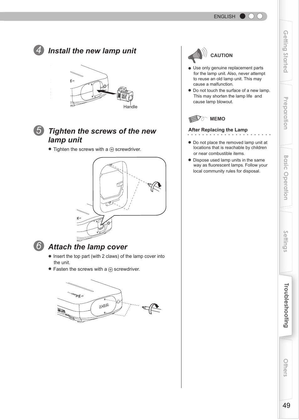 Install the new lamp unit, Tighten the screws of the new lamp unit, Attach the lamp cover | JVC 0809TTH-AO-AO User Manual | Page 49 / 185