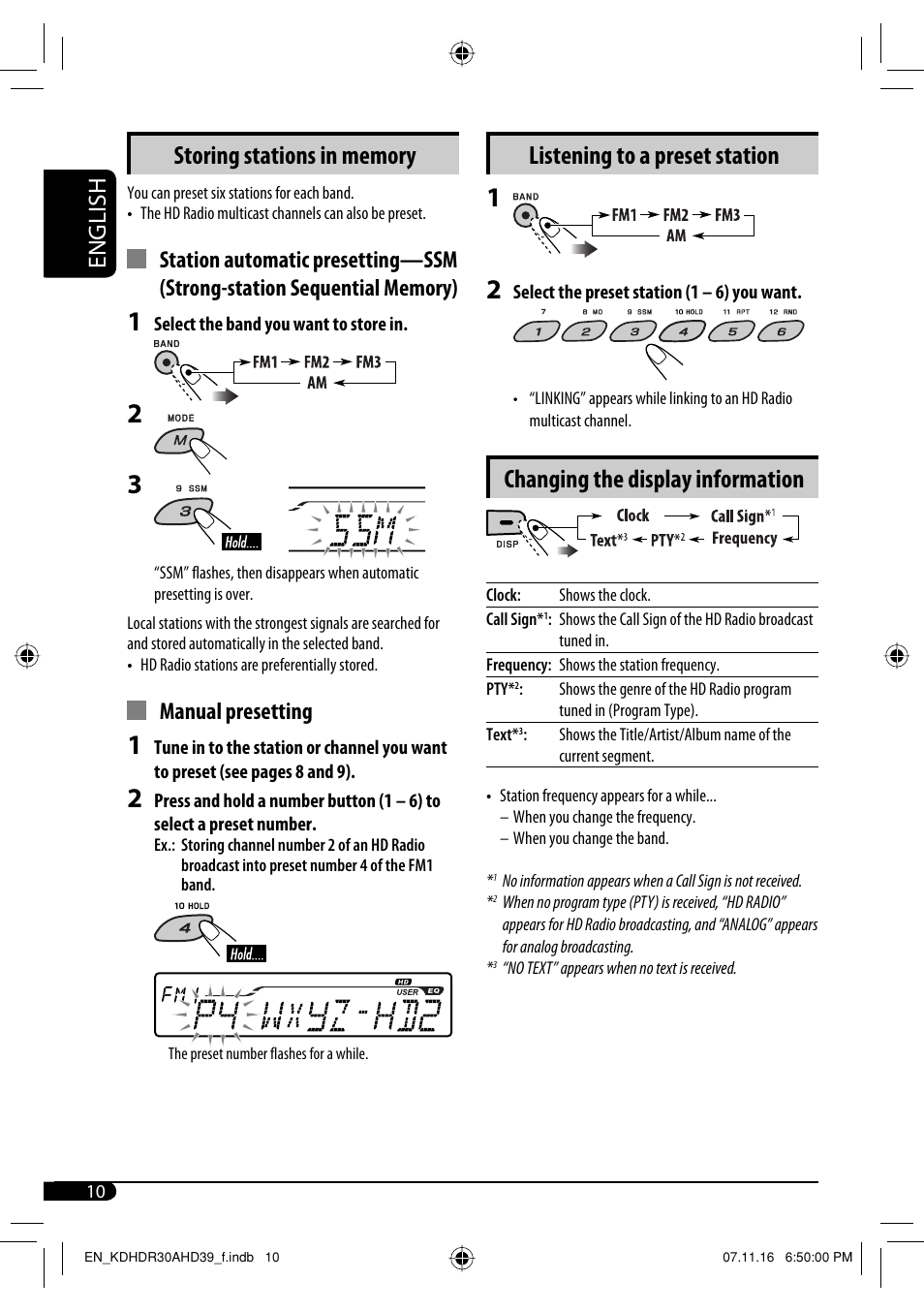 Listening to a preset station, Changing the display information, English | Manual presetting | JVC KD-AHD39 User Manual | Page 10 / 117