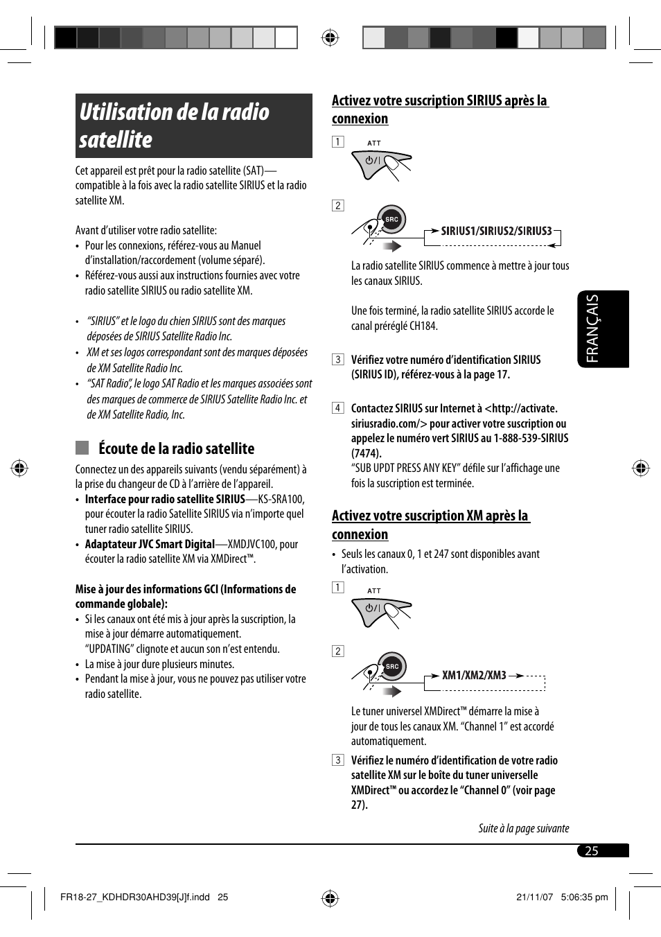 Utilisation de la radio satellite, Écoute de la radio satellite, Français | Activez votre suscription xm après la connexion | JVC KD-AHD39 User Manual | Page 101 / 117