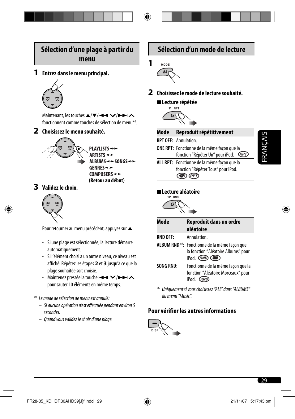 Sélection d’une plage à partir du menu, Sélection d’un mode de lecture, Français | JVC KD-AHD39 User Manual | Page 105 / 117