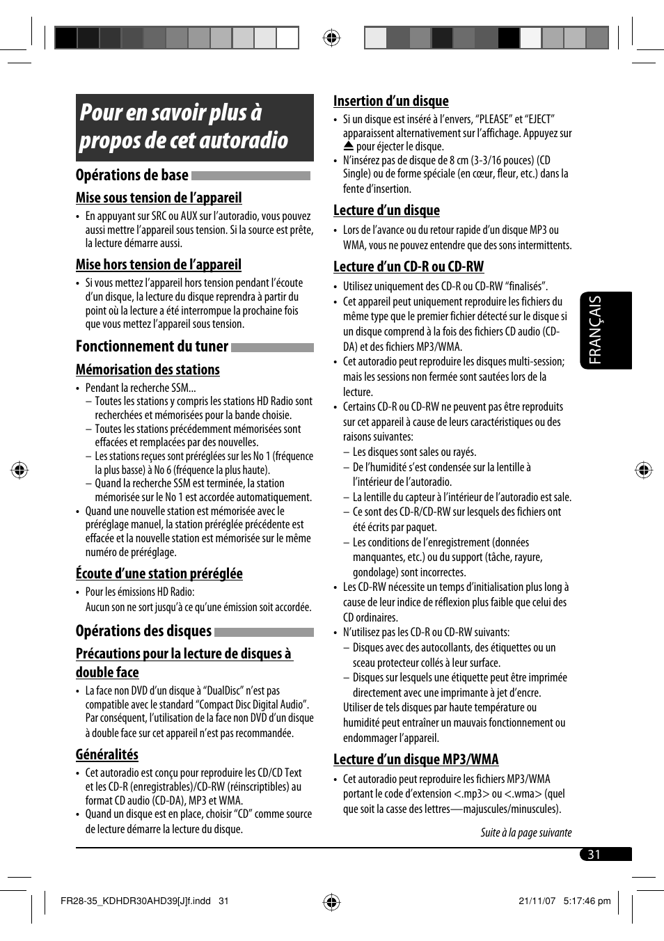 Pour en savoir plus à propos de cet autoradio, Opérations de base, Fonctionnement du tuner | Opérations des disques, Français | JVC KD-AHD39 User Manual | Page 107 / 117