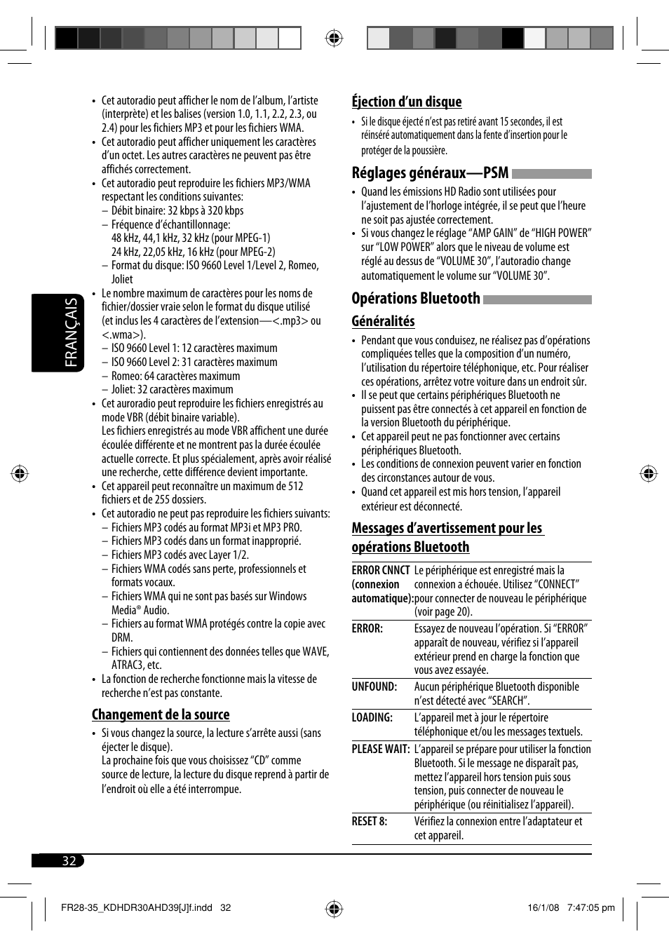 Réglages généraux—psm, Opérations bluetooth, Français | Changement de la source, Éjection d’un disque, Généralités | JVC KD-AHD39 User Manual | Page 108 / 117