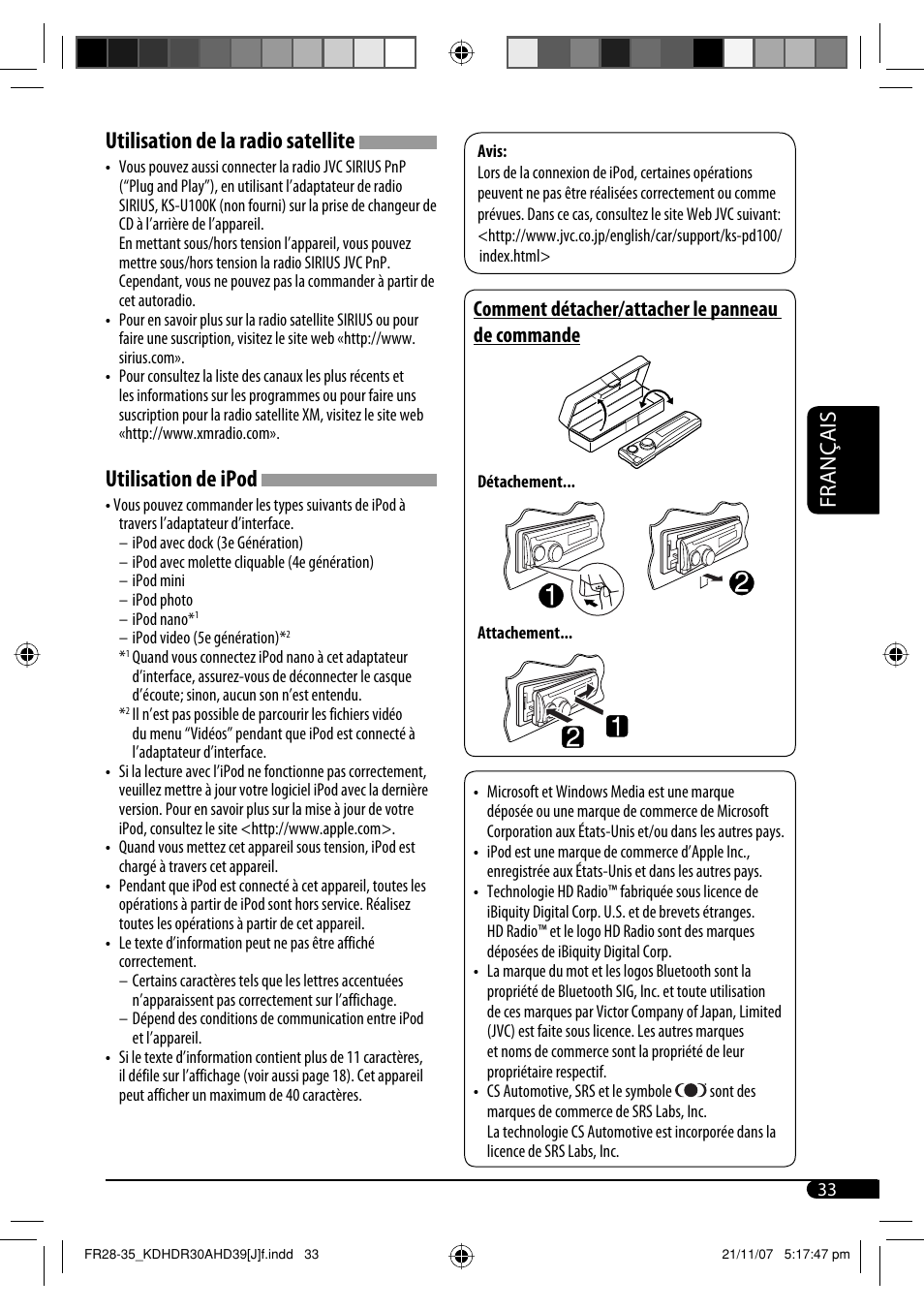 Utilisation de la radio satellite, Utilisation de ipod, Français | Comment détacher/attacher le panneau de commande | JVC KD-AHD39 User Manual | Page 109 / 117