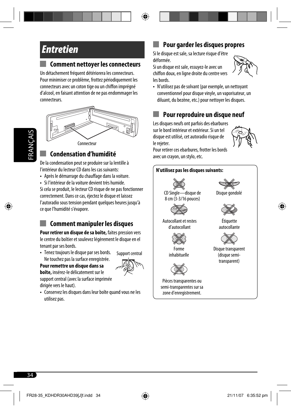 Entretien, Comment nettoyer les connecteurs, Condensation d’humidité | Comment manipuler les disques, Pour garder les disques propres, Pour reproduire un disque neuf, Français | JVC KD-AHD39 User Manual | Page 110 / 117