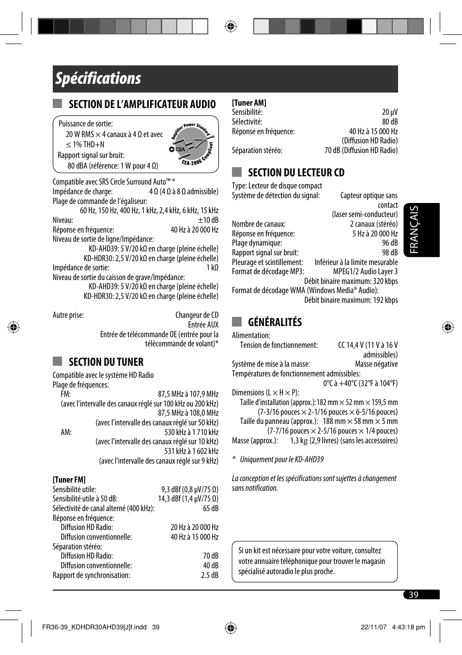 Spécifications, Généralités, Français | JVC KD-AHD39 User Manual | Page 115 / 117