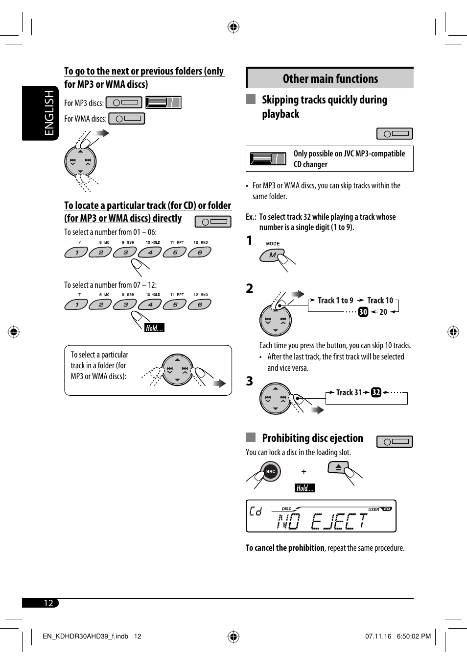 Other main functions, English, Skipping tracks quickly during playback | Prohibiting disc ejection | JVC KD-AHD39 User Manual | Page 12 / 117