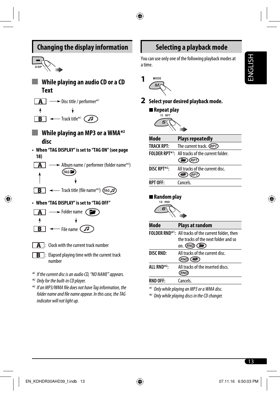 Changing the display information, Selecting a playback mode, English | While playing an audio cd or a cd text, While playing an mp3 or a wma, Disc | JVC KD-AHD39 User Manual | Page 13 / 117