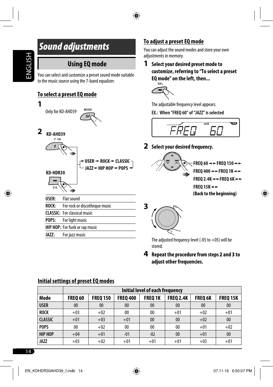 Sound adjustments, Using eq mode, English | JVC KD-AHD39 User Manual | Page 14 / 117