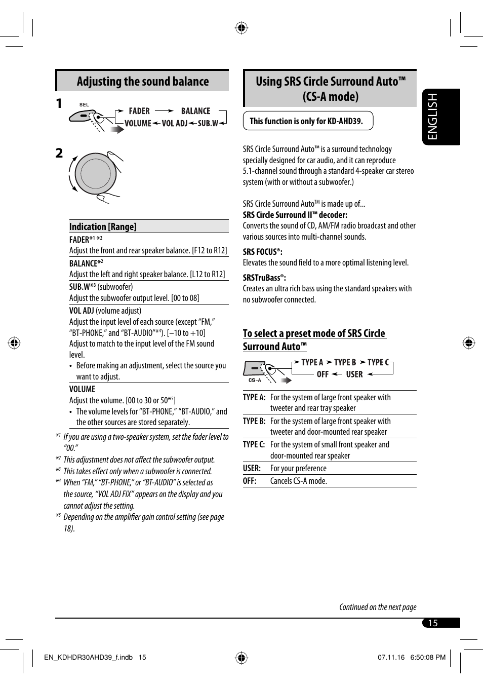 Adjusting the sound balance, Using srs circle surround auto™ (cs-a mode), English | JVC KD-AHD39 User Manual | Page 15 / 117