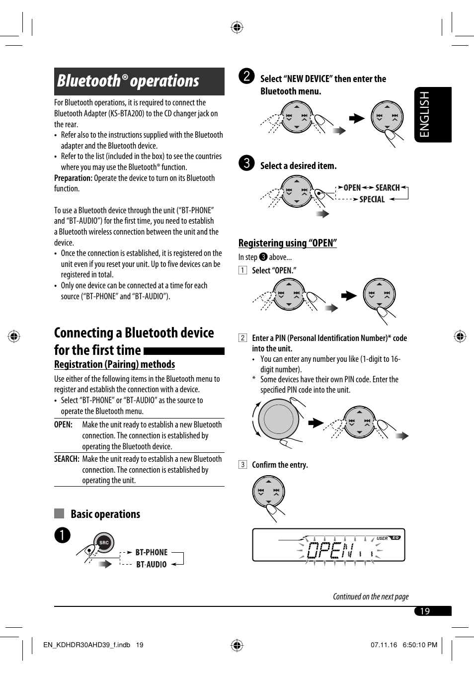 Bluetooth® operations, Connecting a bluetooth device for the first time, English | Basic operations | JVC KD-AHD39 User Manual | Page 19 / 117