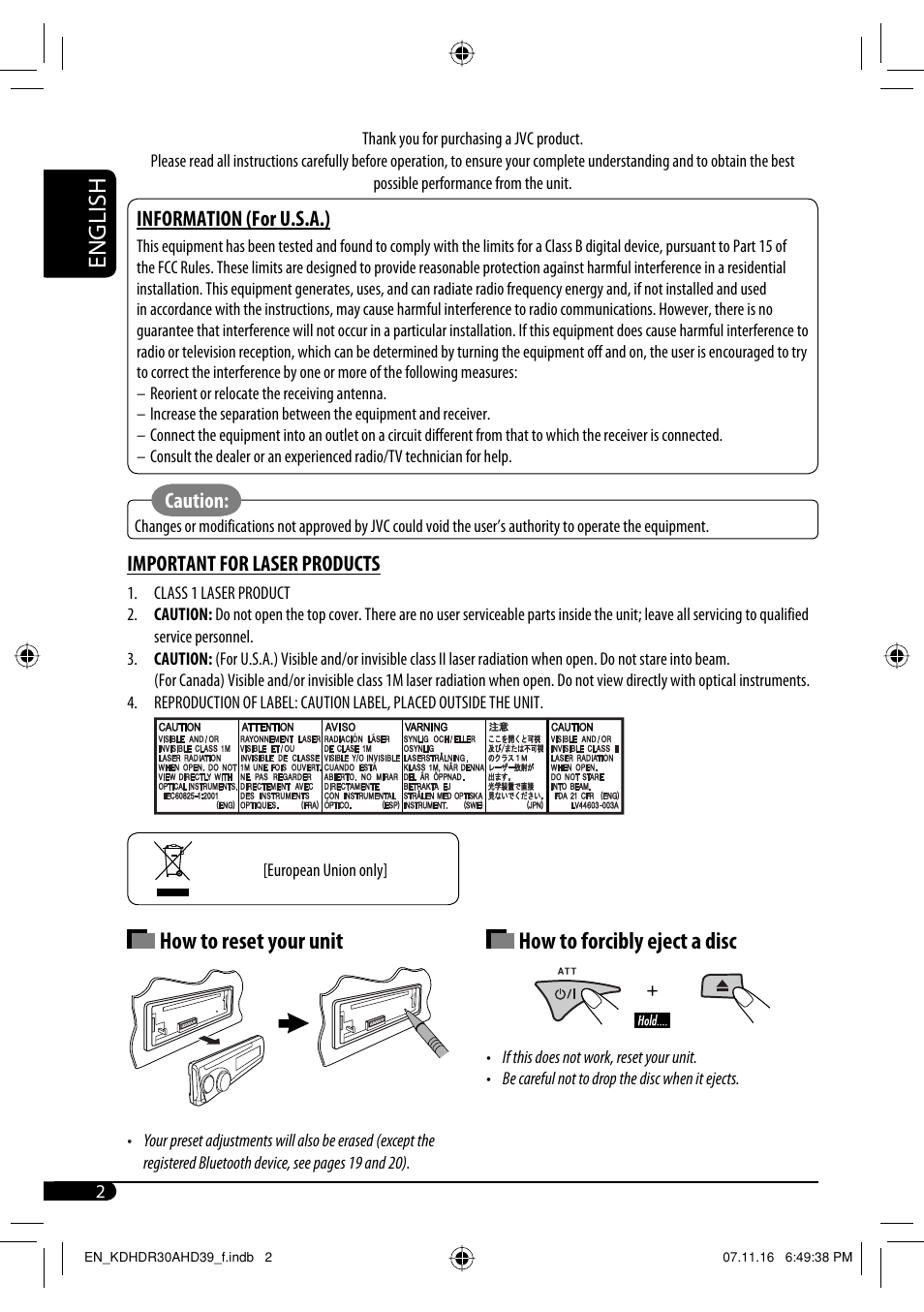 English, Caution, Important for laser products | Information (for u.s.a.) | JVC KD-AHD39 User Manual | Page 2 / 117