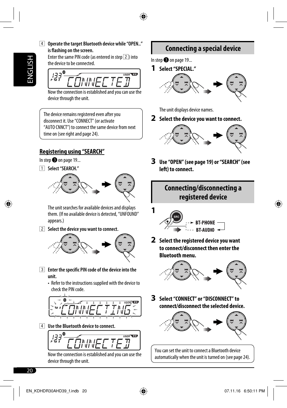 Connecting a special device, Connecting/disconnecting a registered device, English | JVC KD-AHD39 User Manual | Page 20 / 117