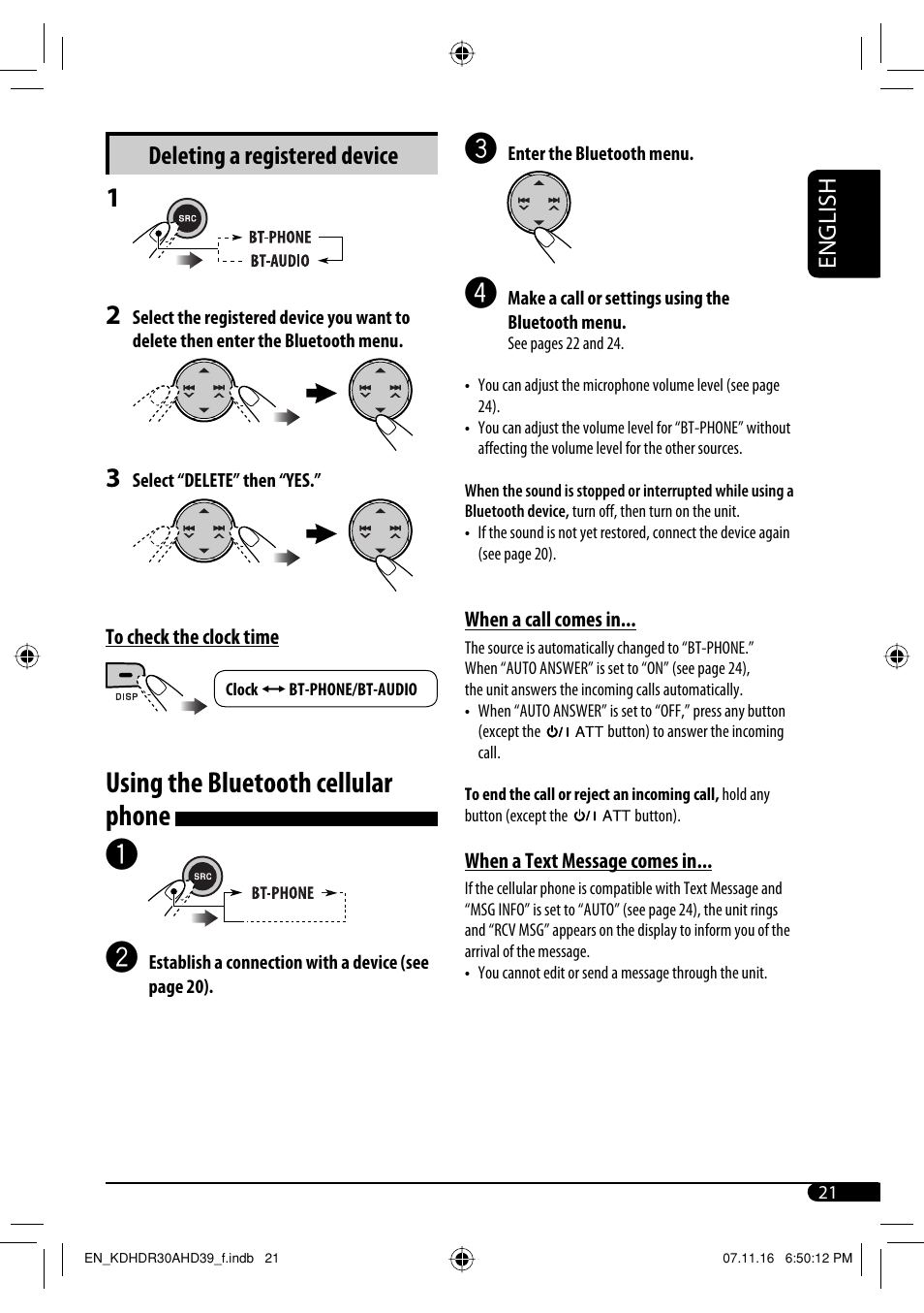 Using the bluetooth cellular phone, Deleting a registered device, English | JVC KD-AHD39 User Manual | Page 21 / 117