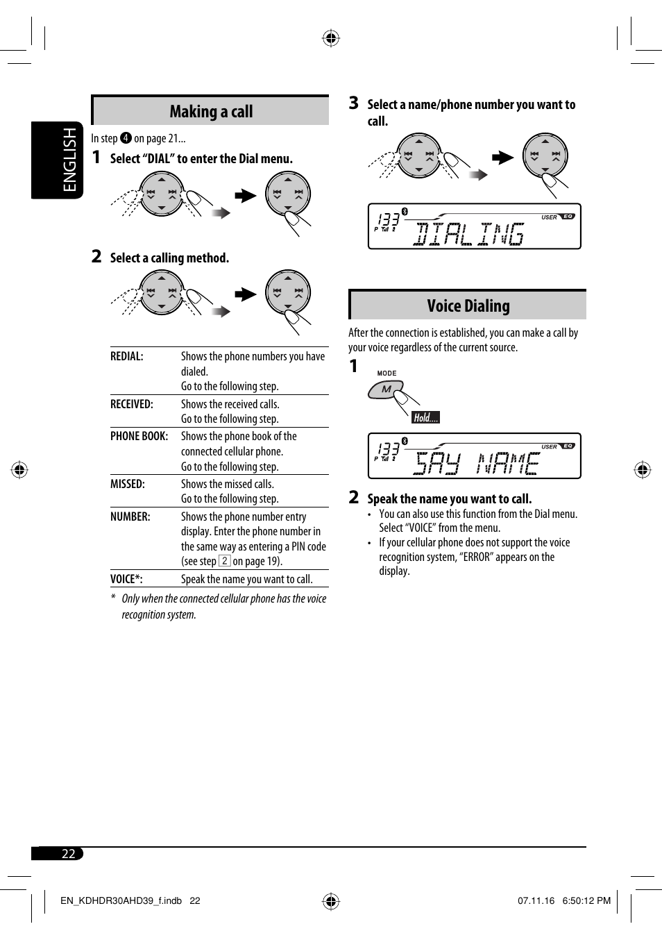 Voice dialing, Making a call, English | JVC KD-AHD39 User Manual | Page 22 / 117