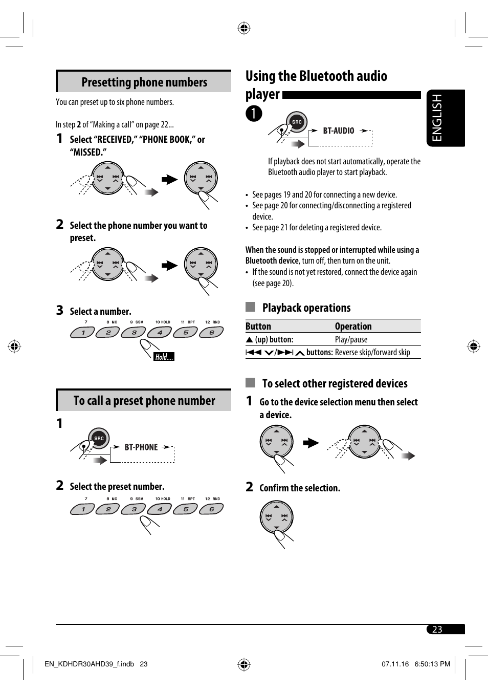 Using the bluetooth audio player, Presetting phone numbers, English | JVC KD-AHD39 User Manual | Page 23 / 117