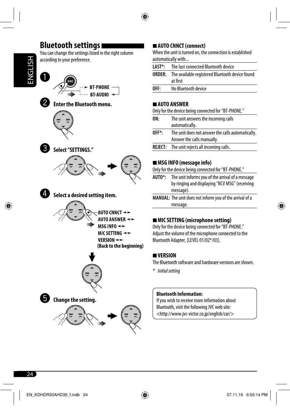 Bluetooth settings, English | JVC KD-AHD39 User Manual | Page 24 / 117