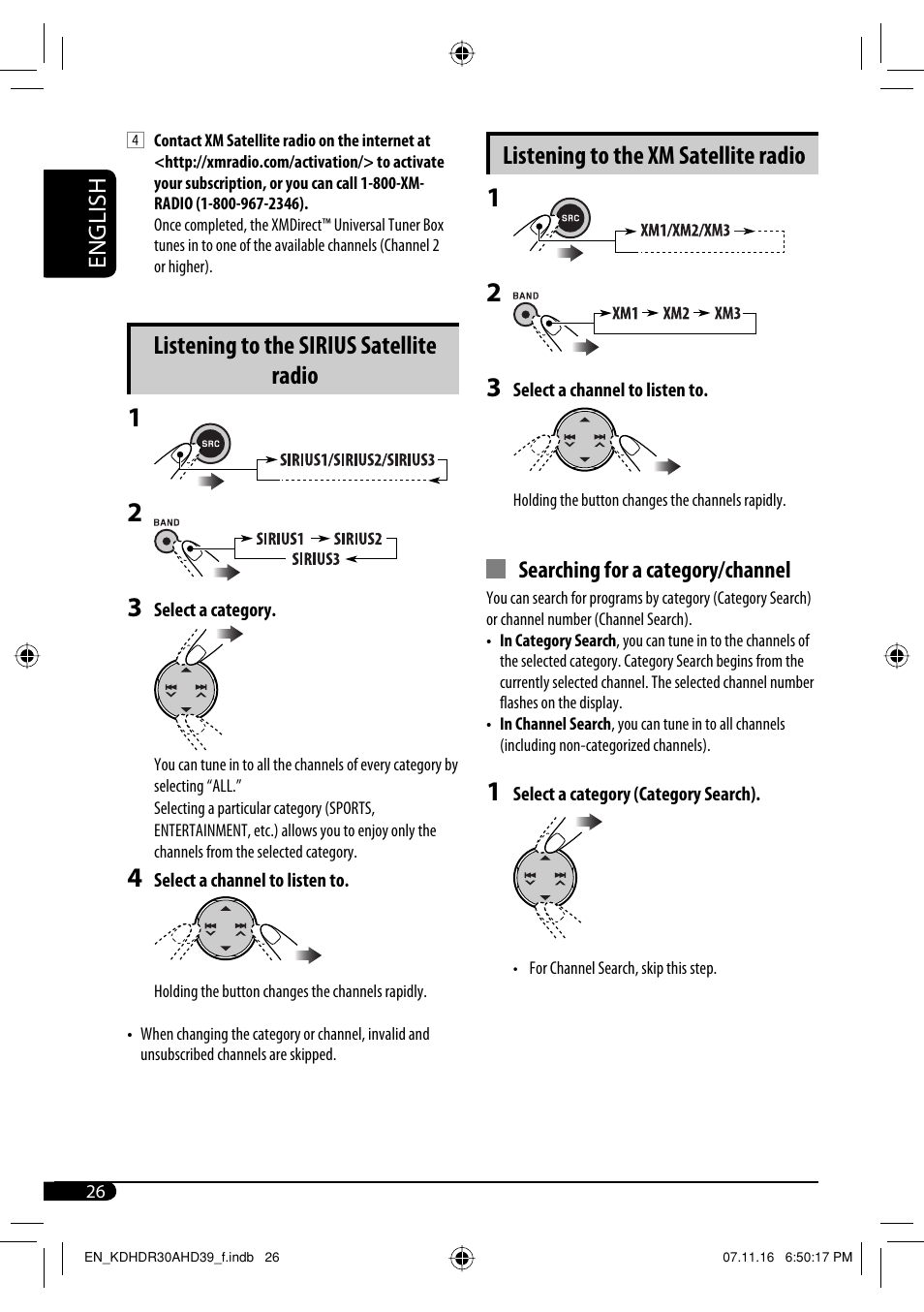 Listening to the xm satellite radio, Listening to the sirius satellite radio, English | JVC KD-AHD39 User Manual | Page 26 / 117