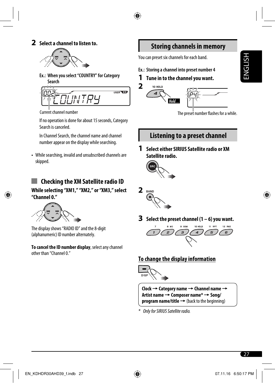 Listening to a preset channel, English, Checking the xm satellite radio id | JVC KD-AHD39 User Manual | Page 27 / 117