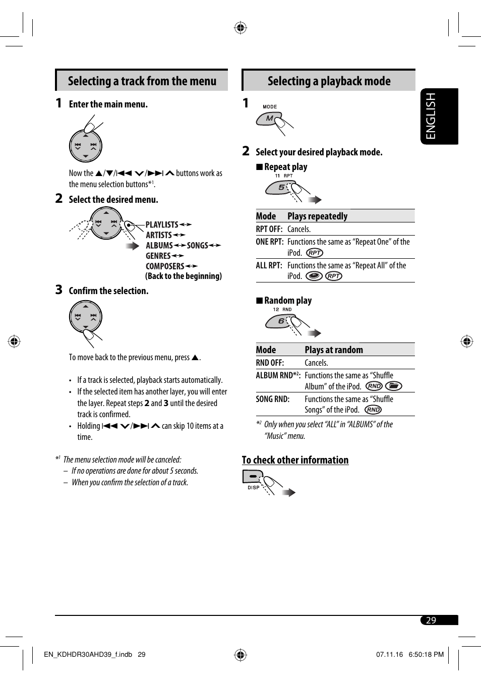 Selecting a track from the menu, Selecting a playback mode, English | JVC KD-AHD39 User Manual | Page 29 / 117