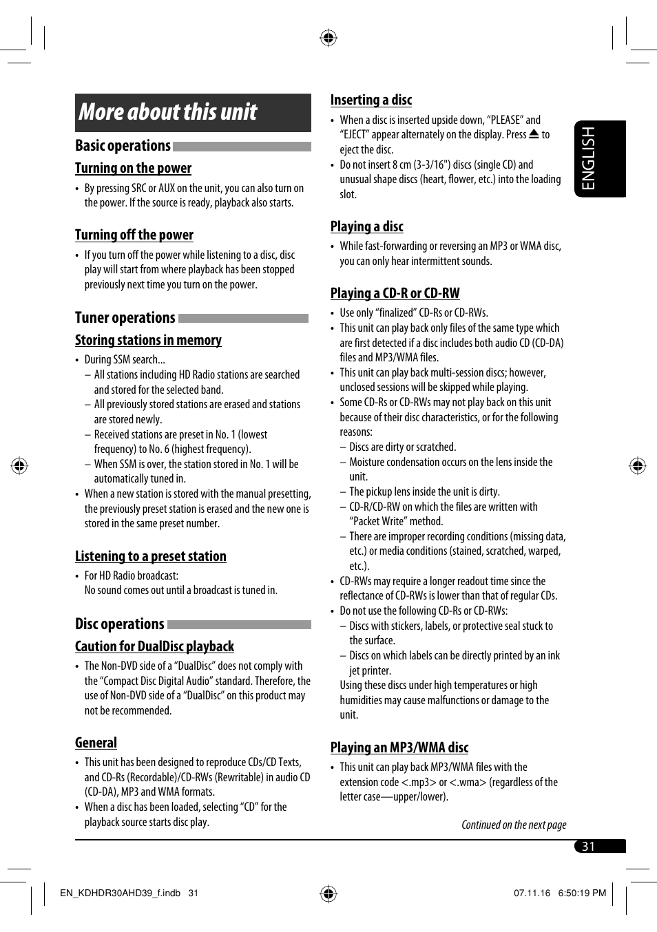 More about this unit, English, Basic operations | Tuner operations, Disc operations | JVC KD-AHD39 User Manual | Page 31 / 117