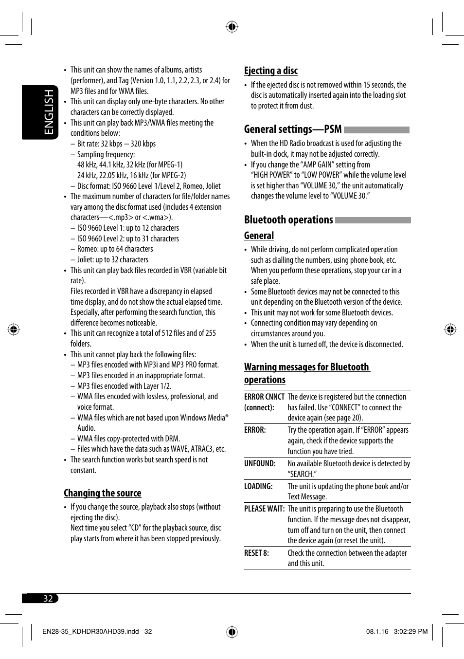 English, General settings—psm, Bluetooth operations | Changing the source, Ejecting a disc, General, Warning messages for bluetooth operations | JVC KD-AHD39 User Manual | Page 32 / 117