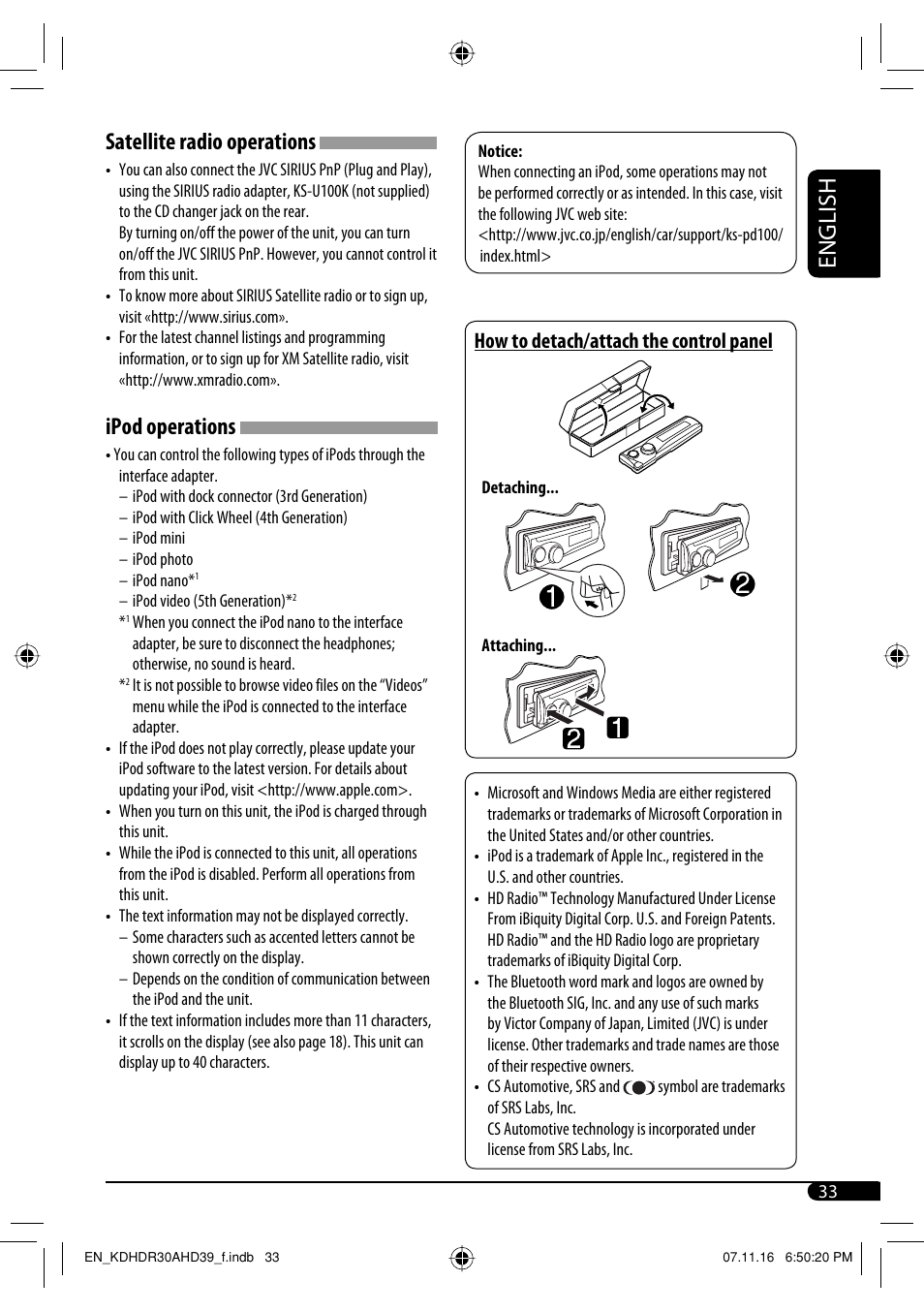 English, Satellite radio operations, Ipod operations | How to detach/attach the control panel | JVC KD-AHD39 User Manual | Page 33 / 117