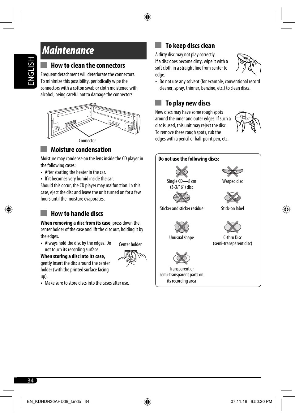 Maintenance, English, How to clean the connectors | Moisture condensation, How to handle discs | JVC KD-AHD39 User Manual | Page 34 / 117