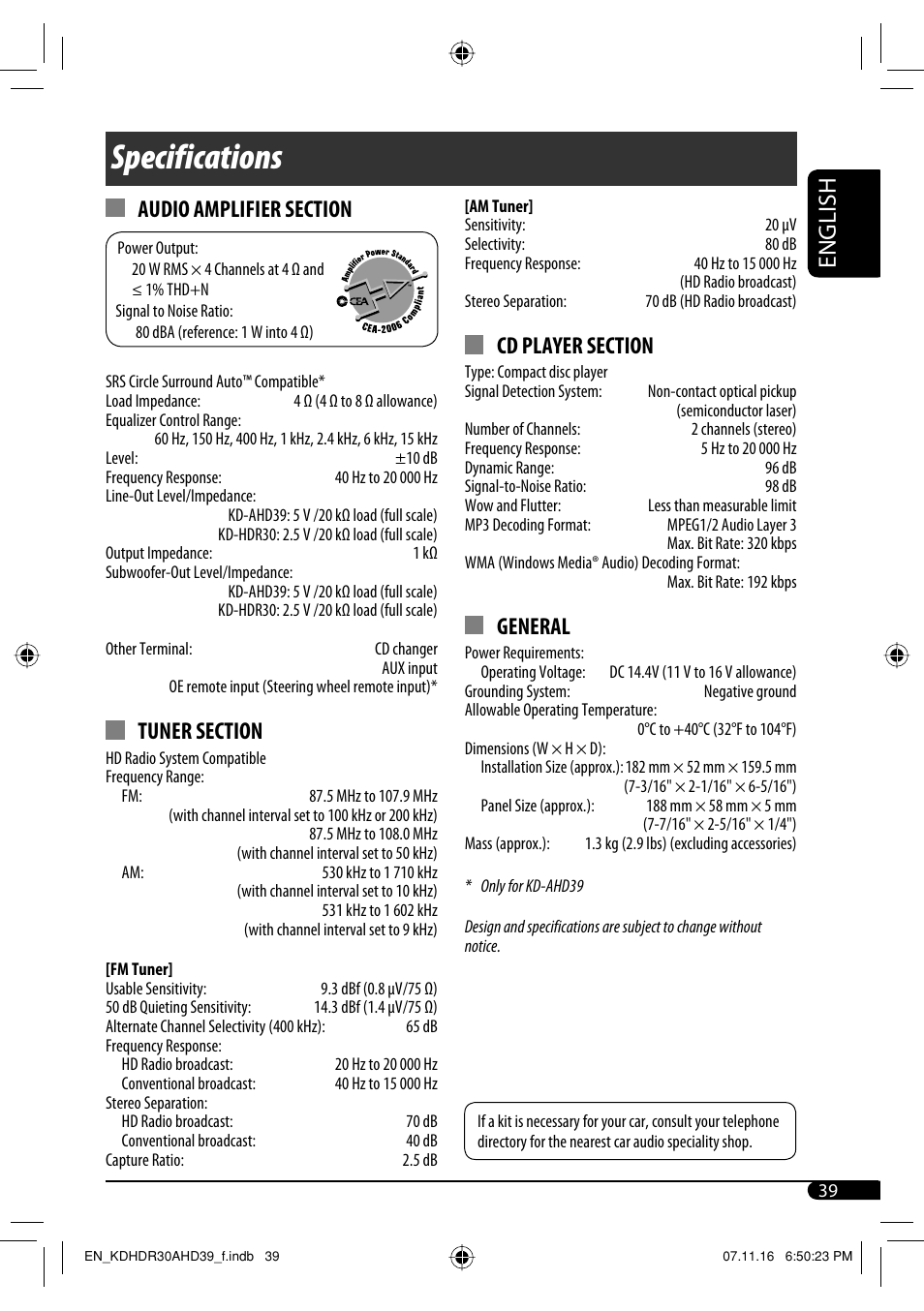 Specifications, English, General | JVC KD-AHD39 User Manual | Page 39 / 117