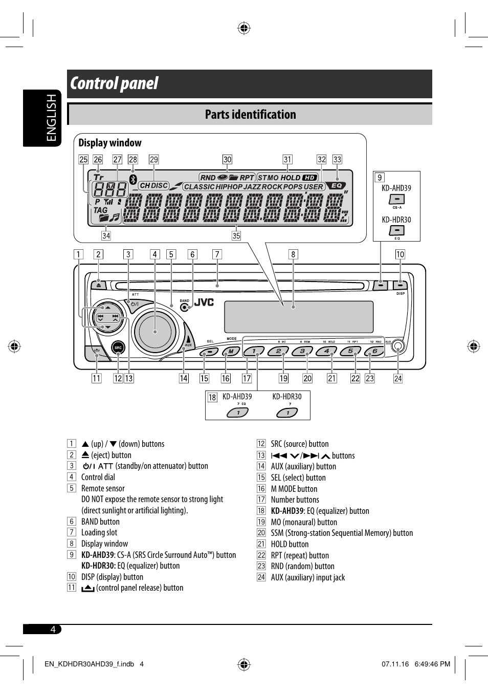 Control panel, Parts identification, English | JVC KD-AHD39 User Manual | Page 4 / 117