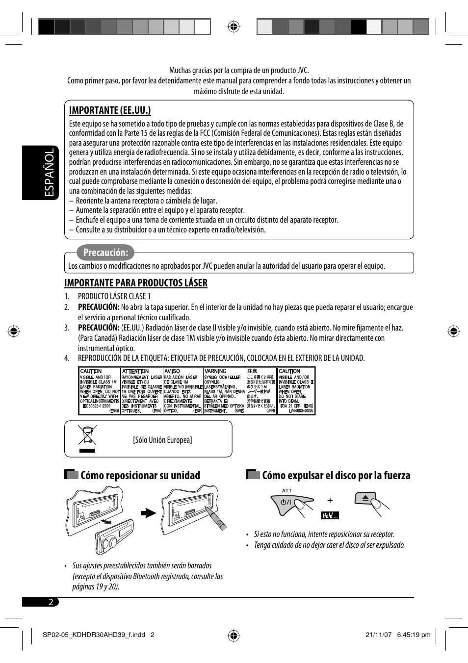 Español, Precaución, Importante para productos láser | Importante (ee.uu.) | JVC KD-AHD39 User Manual | Page 40 / 117
