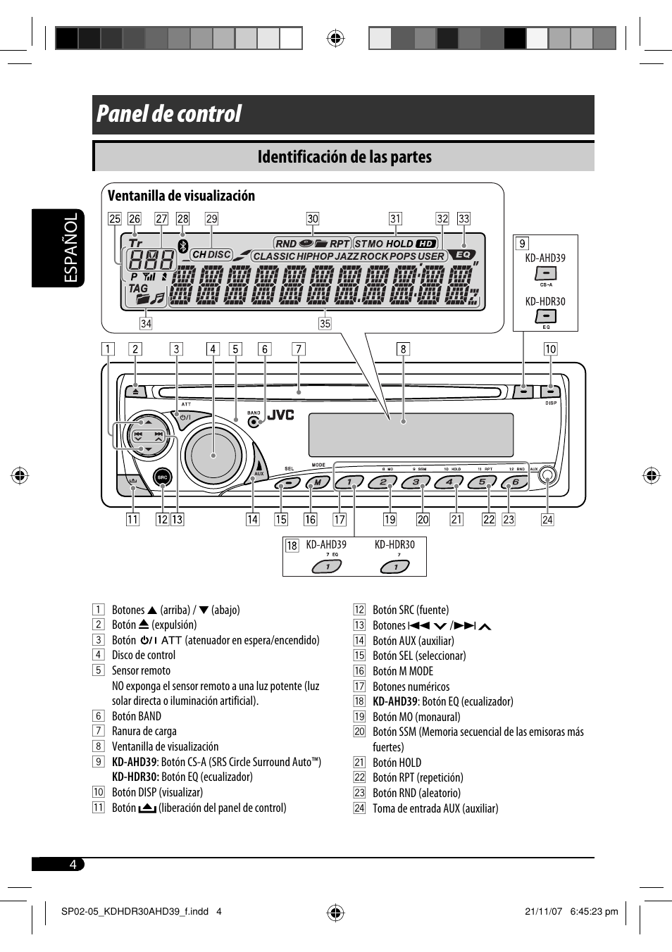 Panel de control, Identificación de las partes, Español | JVC KD-AHD39 User Manual | Page 42 / 117