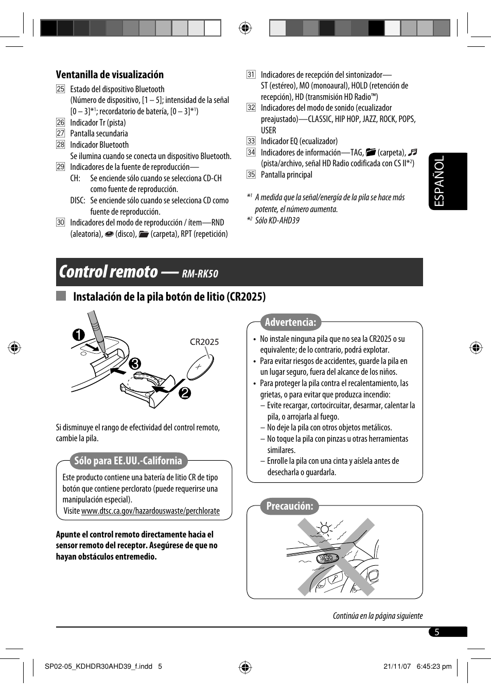 Control remoto — rm-rk50, Control remoto, Español | Instalación de la pila botón de litio (cr2025), Rm-rk50, Precaución, Advertencia, Sólo para ee.uu.-california, Ventanilla de visualización | JVC KD-AHD39 User Manual | Page 43 / 117