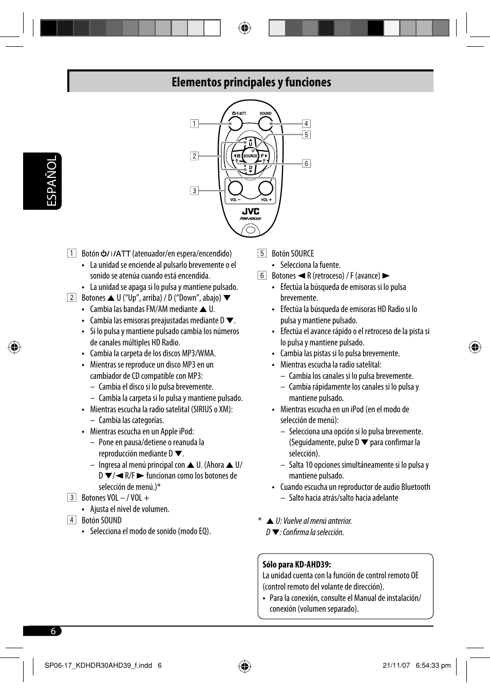 Elementos principales y funciones, Español | JVC KD-AHD39 User Manual | Page 44 / 117