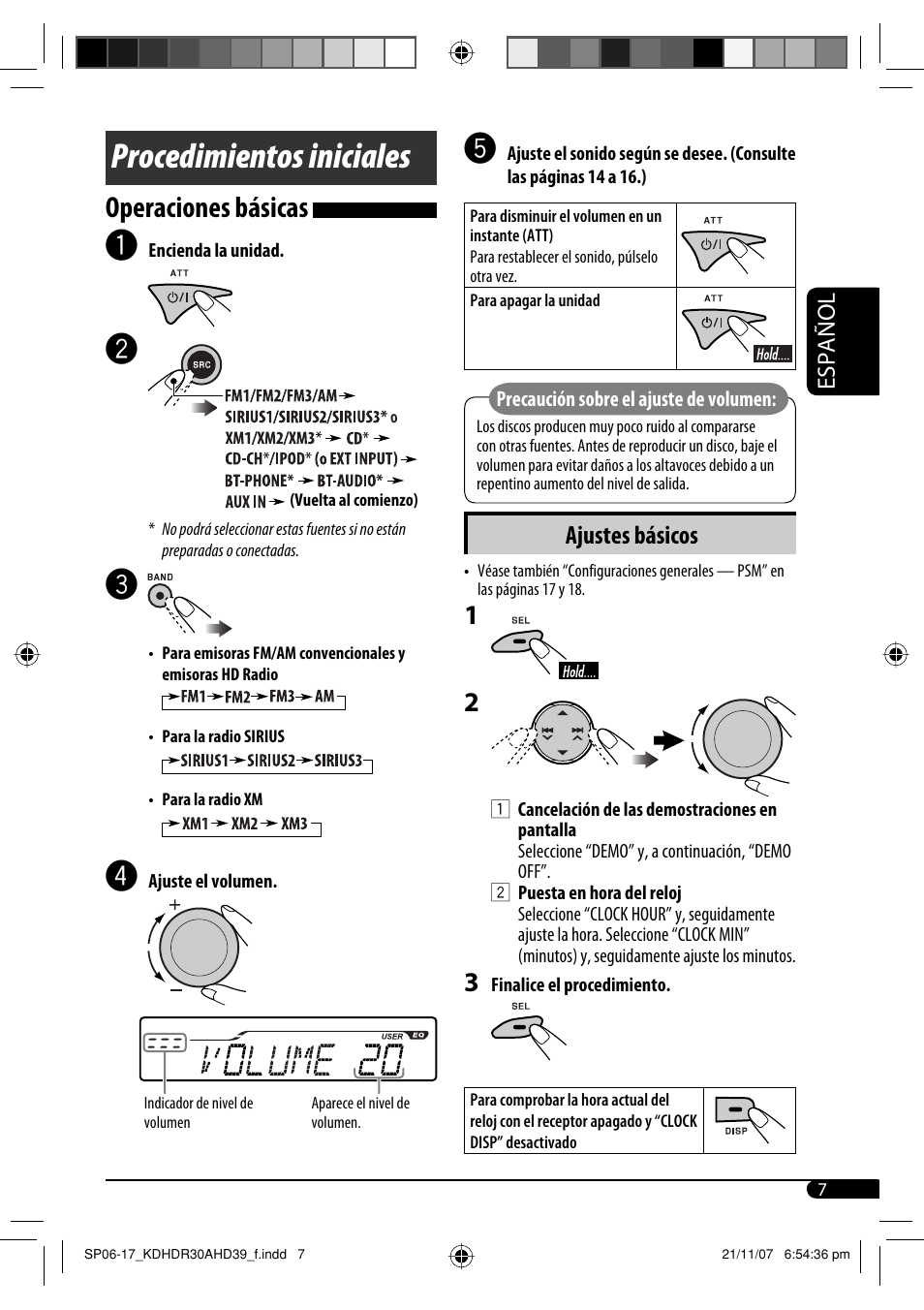 Procedimientos iniciales, Operaciones básicas, Ajustes básicos | JVC KD-AHD39 User Manual | Page 45 / 117