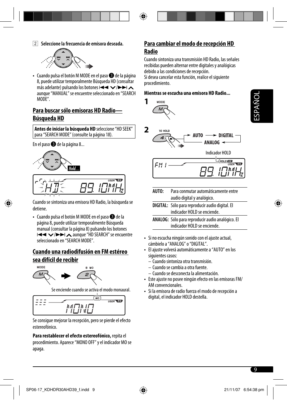 Español, Para cambiar el modo de recepción hd radio, Para buscar sólo emisoras hd radio— búsqueda hd | JVC KD-AHD39 User Manual | Page 47 / 117