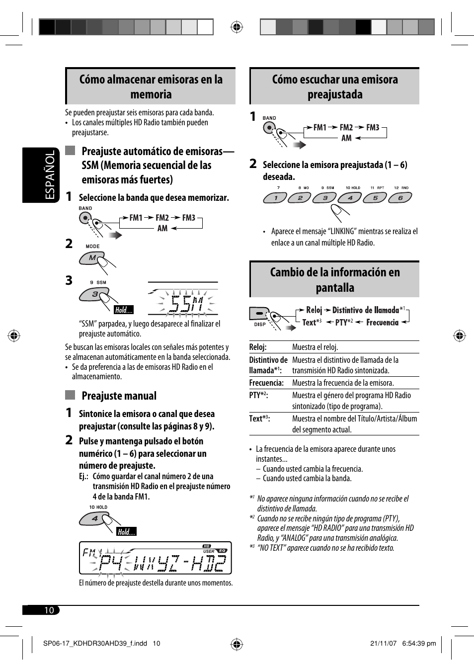 Cómo escuchar una emisora preajustada, Cambio de la información en pantalla, Español | Preajuste manual | JVC KD-AHD39 User Manual | Page 48 / 117