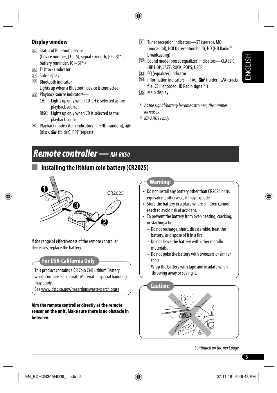 Remote controller — rm-rk50, Remote controller, English | Installing the lithium coin battery (cr2025), Rm-rk50, Caution, Warning: for usa-california only, Display window | JVC KD-AHD39 User Manual | Page 5 / 117