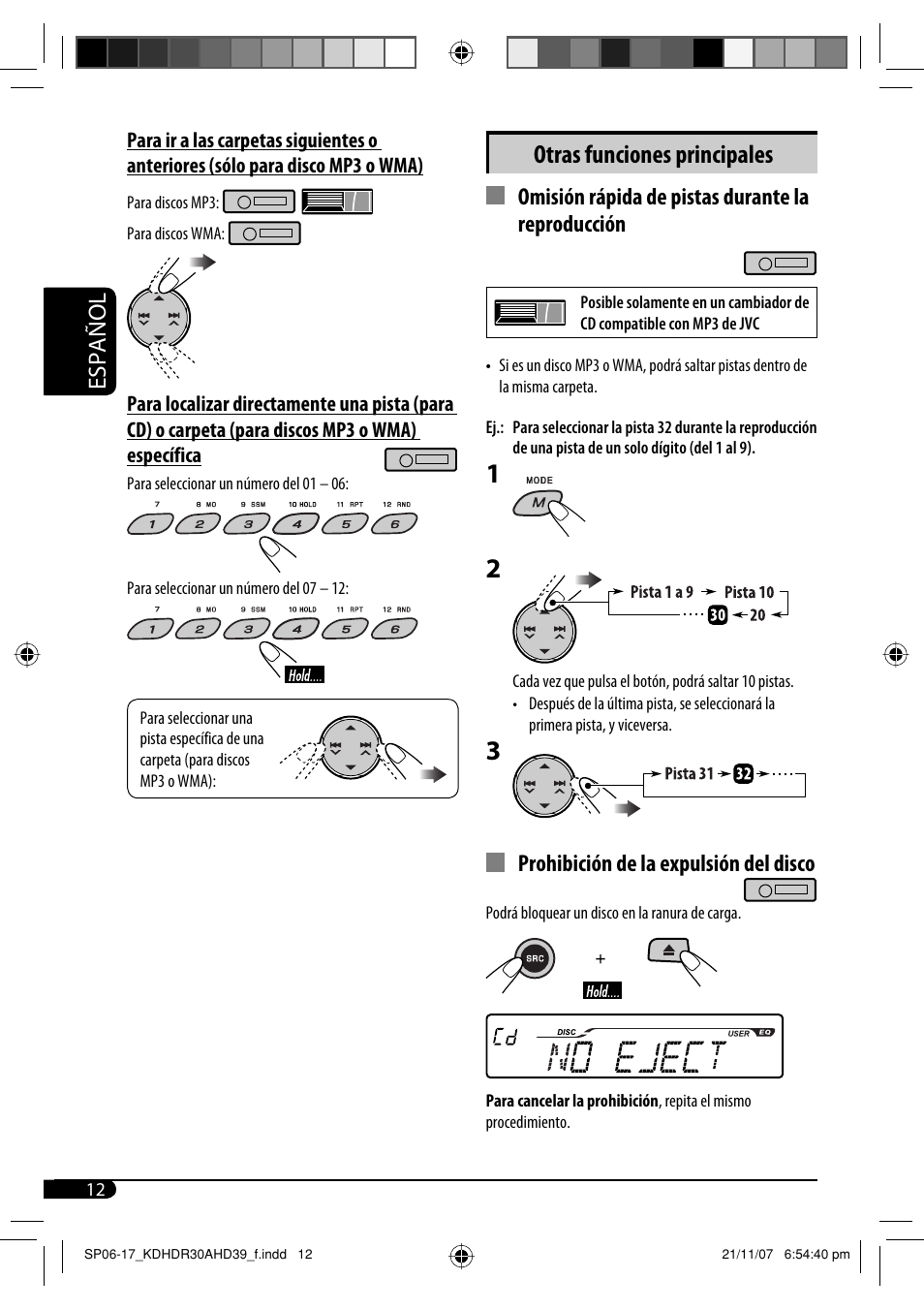 Otras funciones principales, Español, Omisión rápida de pistas durante la reproducción | Prohibición de la expulsión del disco | JVC KD-AHD39 User Manual | Page 50 / 117