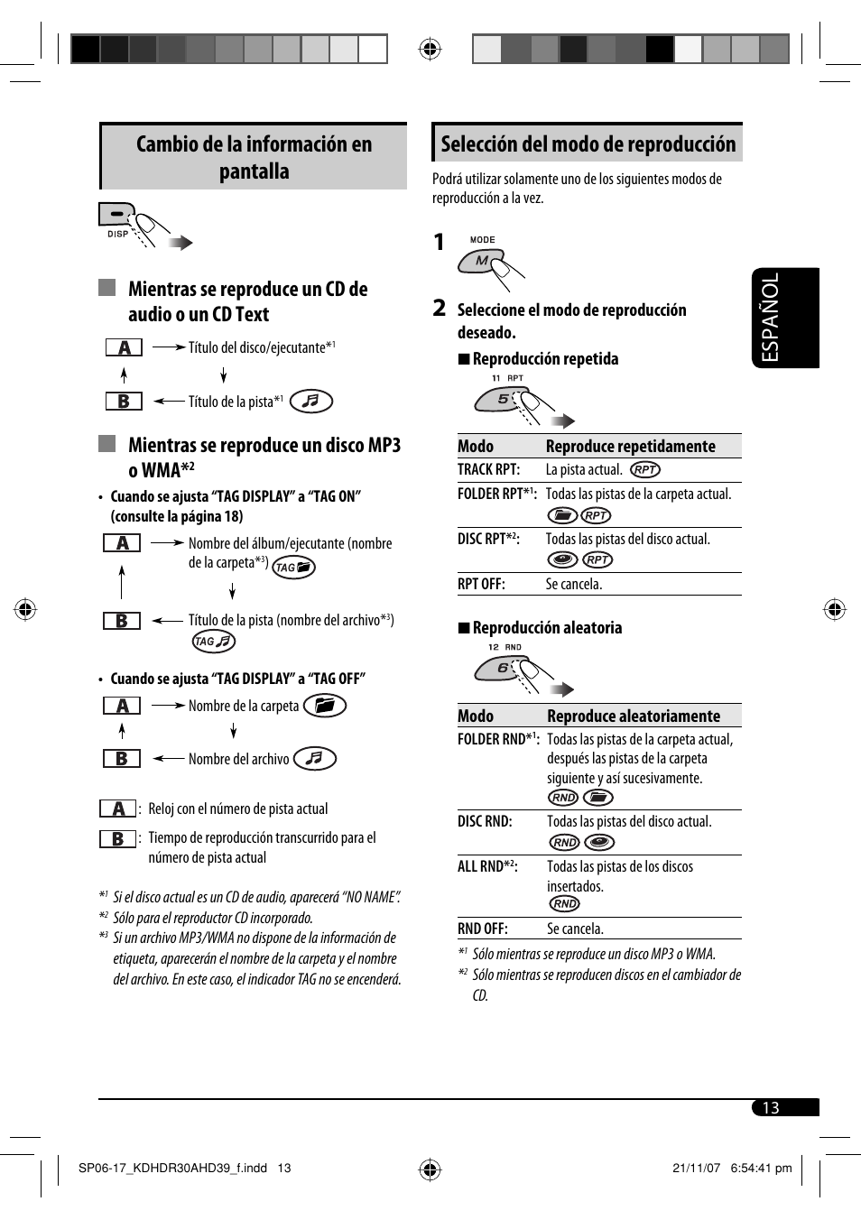 Cambio de la información en pantalla, Selección del modo de reproducción, Español | Mientras se reproduce un cd de audio o un cd text, Mientras se reproduce un disco mp3 o wma | JVC KD-AHD39 User Manual | Page 51 / 117
