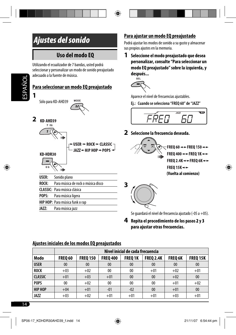 Ajustes del sonido, Uso del modo eq, Español | JVC KD-AHD39 User Manual | Page 52 / 117