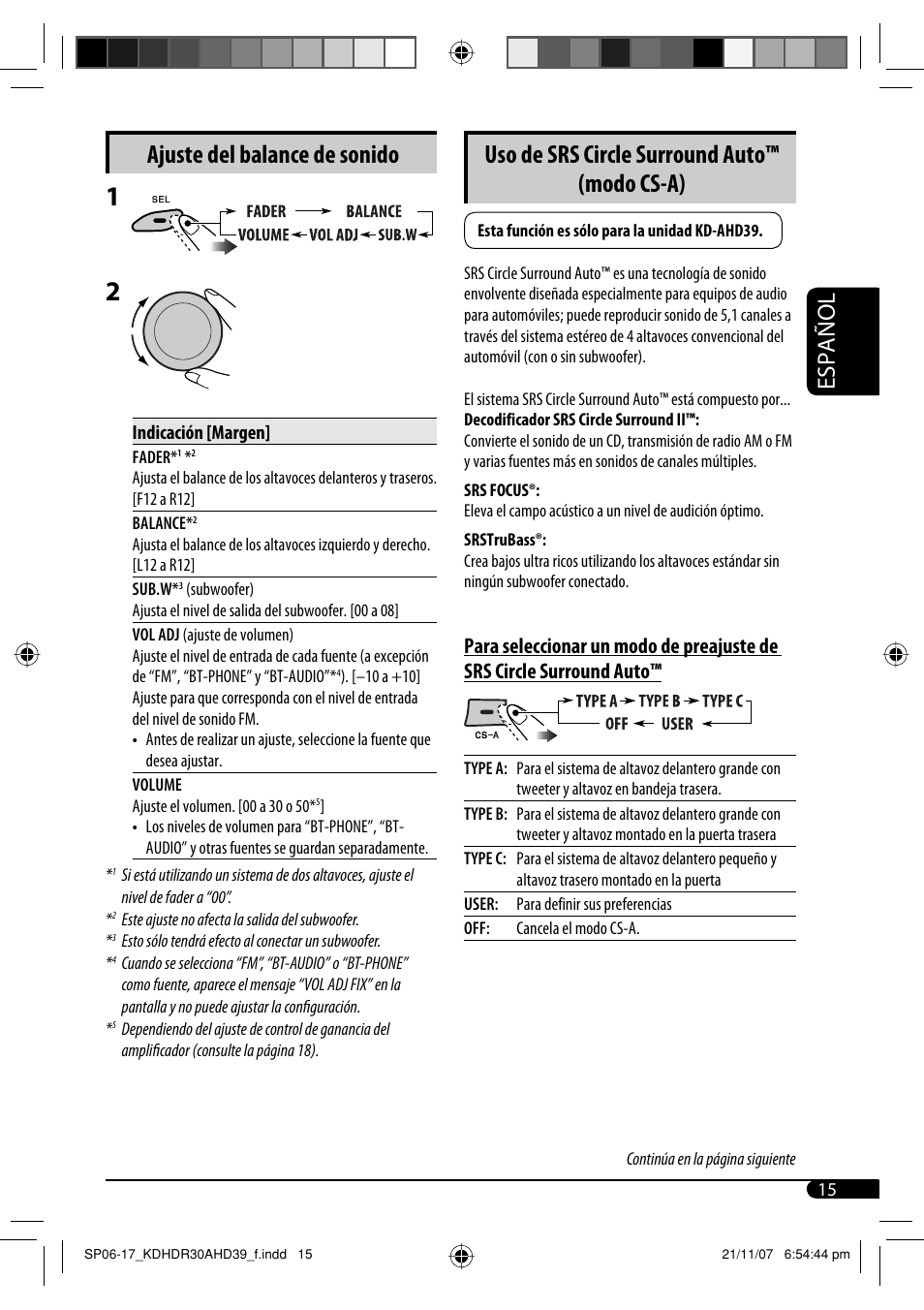 Ajuste del balance de sonido, Uso de srs circle surround auto™ (modo cs-a), Español | JVC KD-AHD39 User Manual | Page 53 / 117