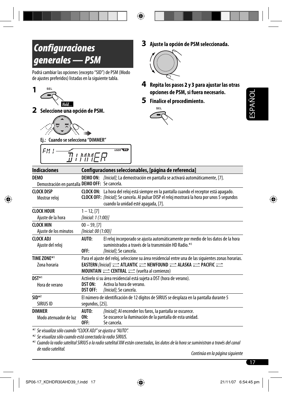 Configuraciones generales — psm, Español | JVC KD-AHD39 User Manual | Page 55 / 117