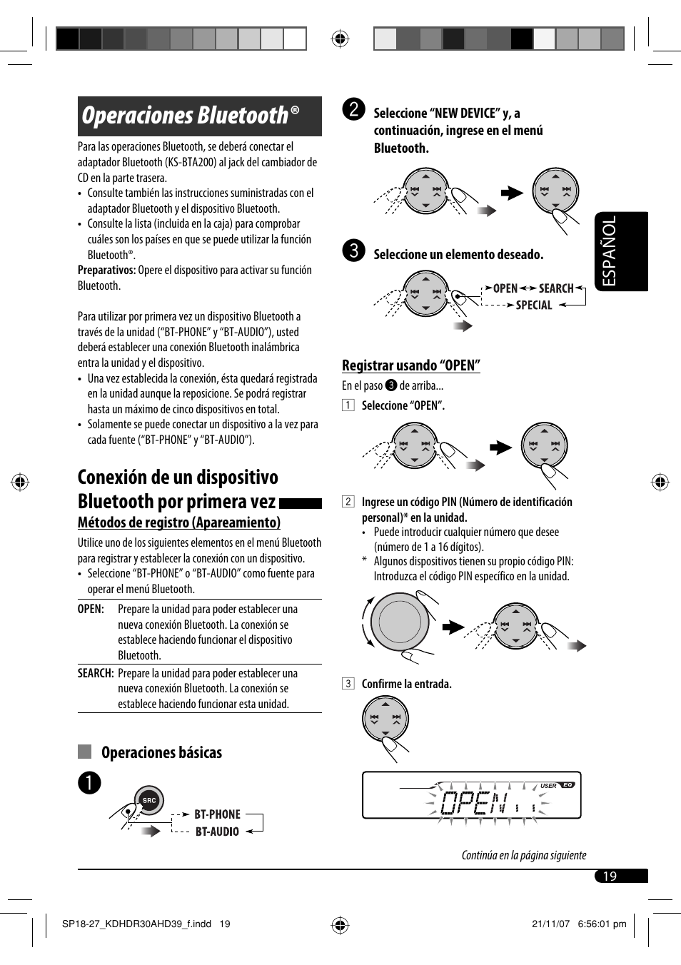 Operaciones bluetooth, Español, Operaciones básicas | JVC KD-AHD39 User Manual | Page 57 / 117