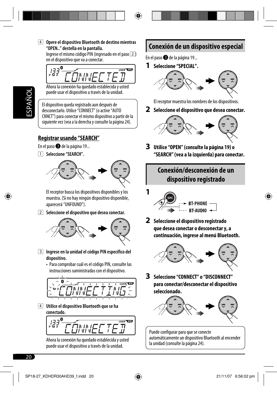 Conexión de un dispositivo especial, Conexión/desconexión de un dispositivo registrado, Español | JVC KD-AHD39 User Manual | Page 58 / 117