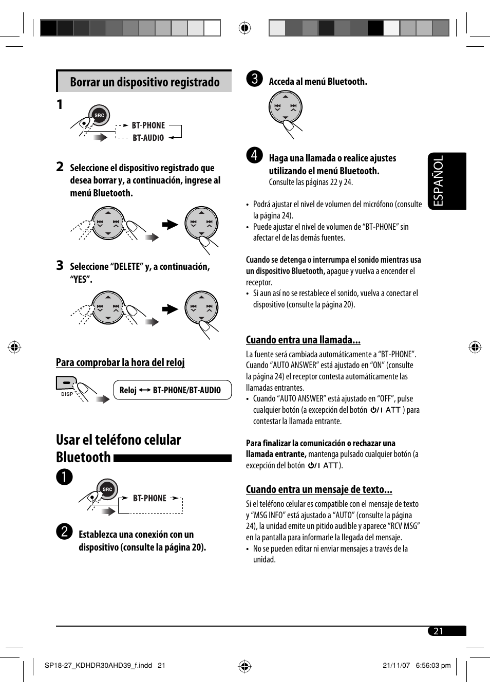 Usar el teléfono celular bluetooth, Borrar un dispositivo registrado, Español | JVC KD-AHD39 User Manual | Page 59 / 117