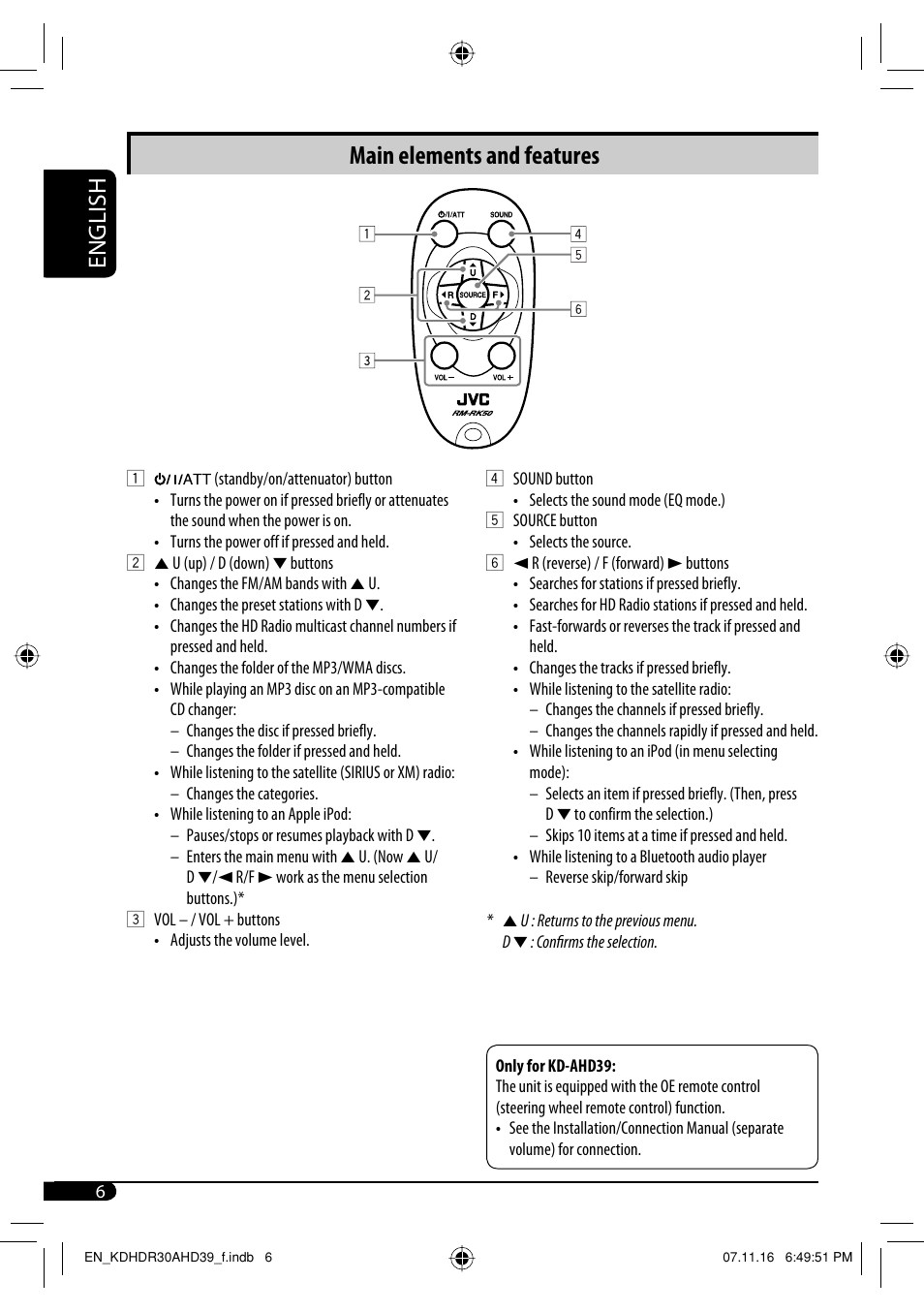 Main elements and features, English | JVC KD-AHD39 User Manual | Page 6 / 117