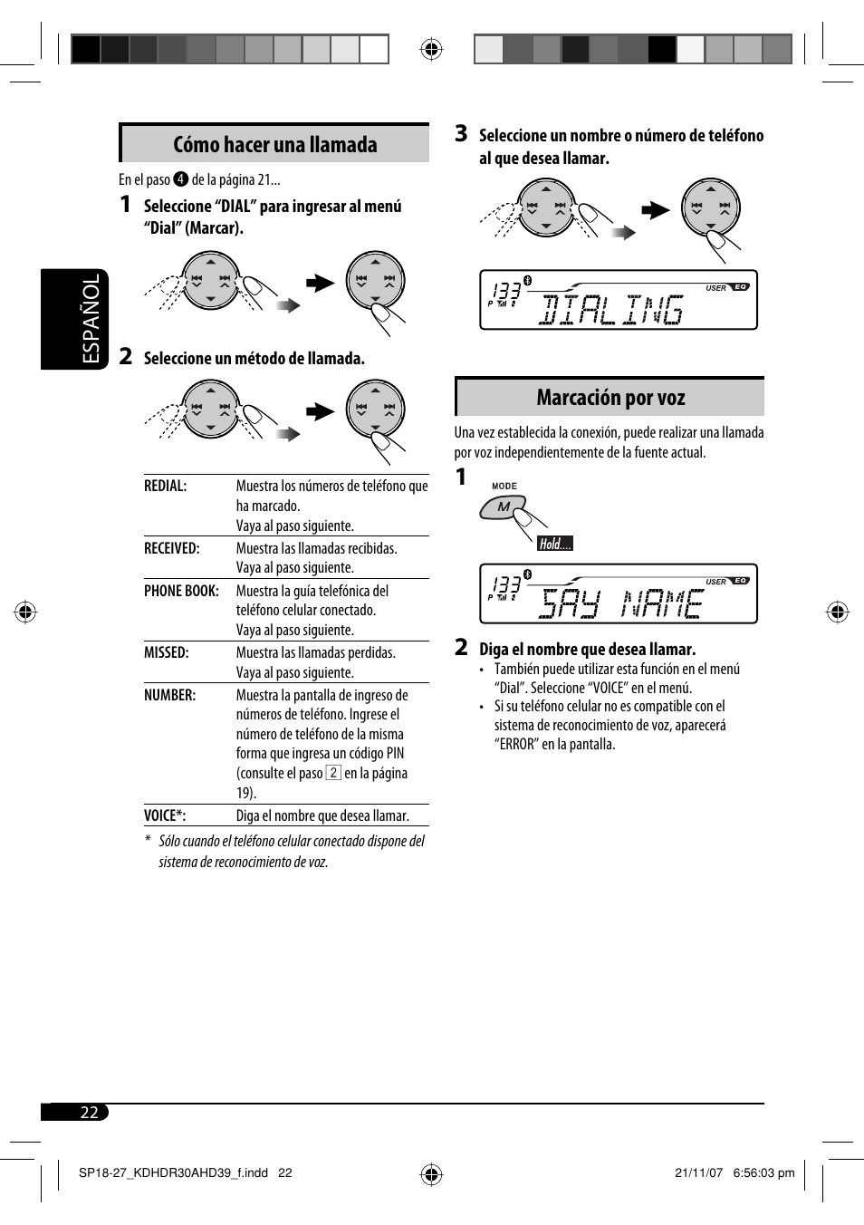 Marcación por voz, Cómo hacer una llamada, Español | JVC KD-AHD39 User Manual | Page 60 / 117